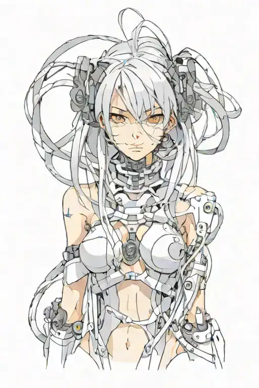 woman, cybernetic neck, cables, actuators, long hair with movement, bangs, grey hair, cybernetic eyes, sharp canines tattoo design idea