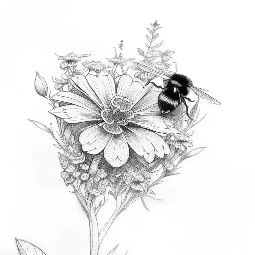 Marigold, larkspur, bumblebee tattoo design idea