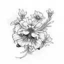 Marigold, larkspur, bumblebee tattoo design idea