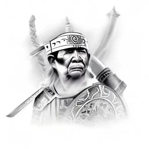 old Hispanic face warrior with hermet and sword.  Wind rose, Old Spanish ship, map of Spain  tattoo design idea