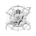  outline soldier with hermet with wind rose with Old Spanish ship, map of Spain  tattoo design idea