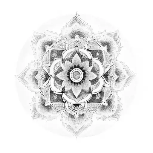 Mandala across the top(Yin & Yang apart of the mandala fading behind the Buddha), Buddha meditating in the middleground, tattoo design idea