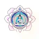 Buddha meditating on lotus flower with Yin and Yang mandala in back tattoo design idea