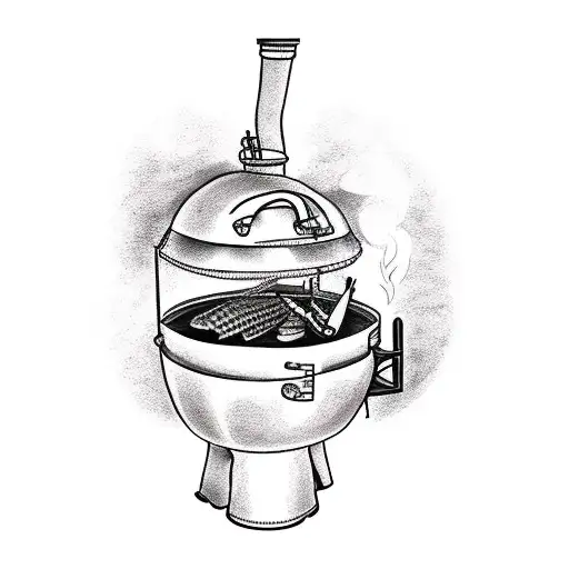 Design a traditional tattoo showcasing a wooden smoking meat smoker surrounded by hunting and fishing tools. tattoo design idea
