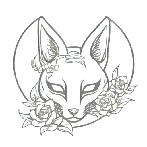 japanese kitsune mask with flowers on its head and a sword behind it tattoo design idea