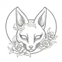 japanese kitsune mask with flowers on its head and a sword behind it tattoo design idea