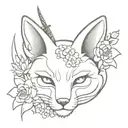 japanese kitsune mask with flowers on its head and a sword behind it tattoo design idea