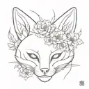 japanese kitsune mask with flowers on its head and a sword behind it tattoo design idea