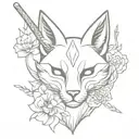 japanese kitsune mask with flowers on its head and a sword behind it tattoo design idea