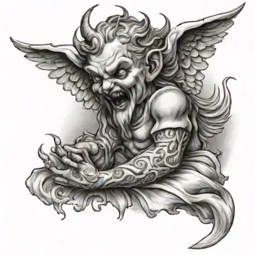 a normal little angel, with devil horns and a big scary grin who is praying tattoo design idea