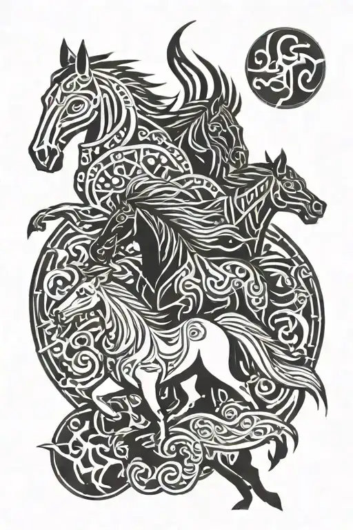 viking horses and wolves tattoo design idea