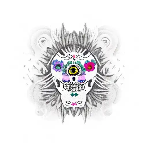 A Dia Los Muertos inspired tattoo featuring a cat and a lion in a spell jar tattoo design idea