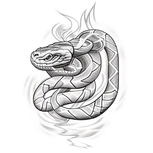 full sleeve snake with fire in the background, rose, colored tattoo design idea