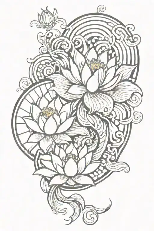 Sun Koi fish  Water lily/lotus Tiger Buddha/om symbol Geisha  Negative space  tattoo design idea
