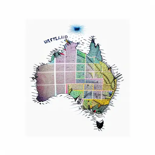 A traditional style tattoo of a map of Australia and the United Kingdom intertwined, with the London and Sydney skylines tattoo design idea