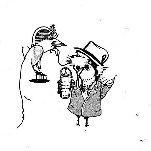 tom Waits with a hat and a canary bird sitting on top of the hat tattoo design idea