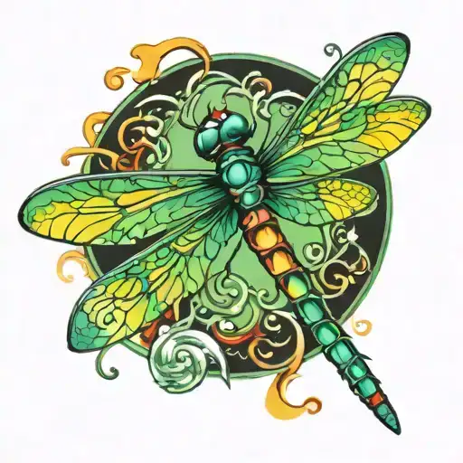 dragon fly with color gradient using green, yellow and red tattoo design idea