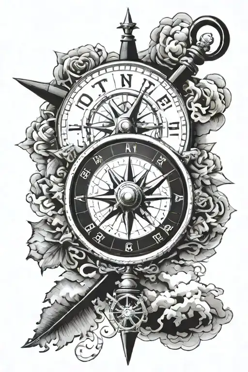 A blackwork tattoo of "To thine own self, be true" and a military compass with dark storm clouds tattoo design idea