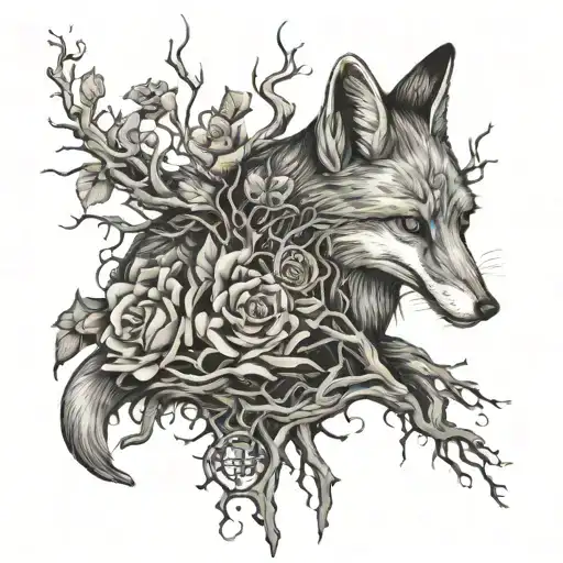 death decay bunch of roots ,spiritual fox , new beginning  tattoo design idea