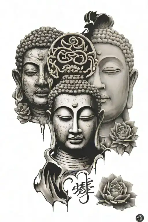 Build a lower half sleeve with a buddha face, Yankee symbol, sister symbol and mom symbol and brother symbol with a keyb tattoo design idea