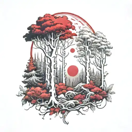 red and white forest tattoo design idea