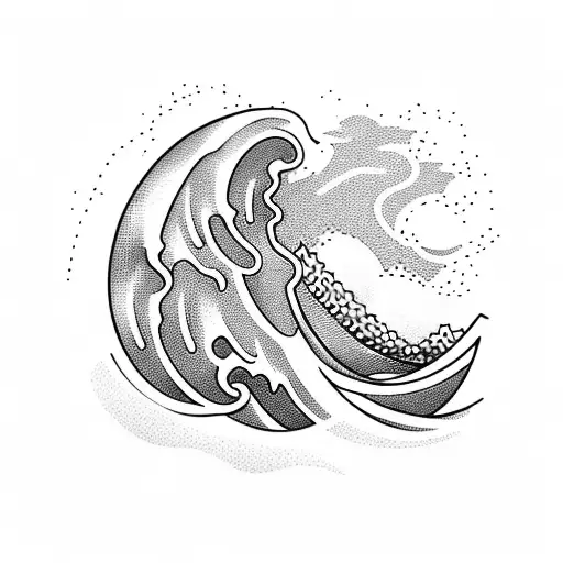 A softball and a surfboard crossed together with waves crashing around them tattoo design idea