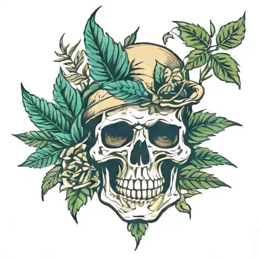 skull and marihuana leaves surrounding tattoo design idea