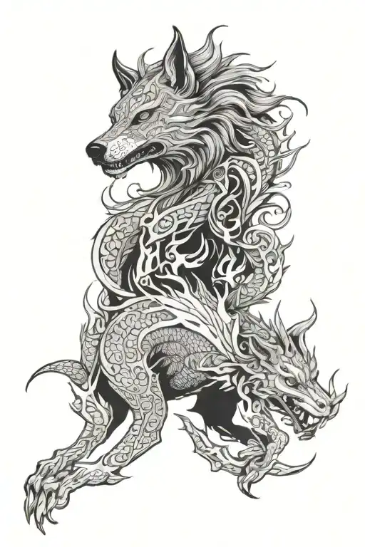 wolf and dragon wrapped tattoo design idea