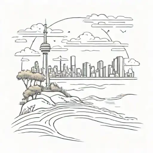 A beach scene tattoo with Toronto skyline in the background, symbolizing your love for both places tattoo design idea
