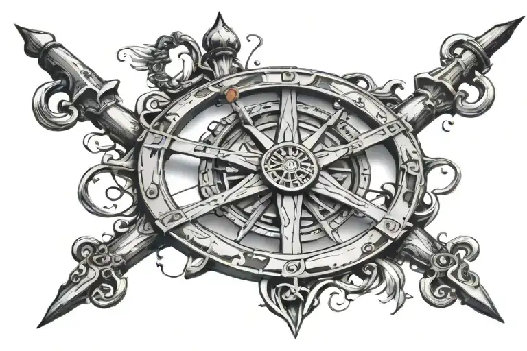 ship steering wheel with jack sparrow compass design tattoo design idea