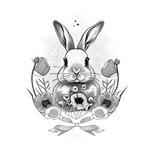 fragile bunny inside a coffin frame with some poppies coming of of the frame tattoo design idea