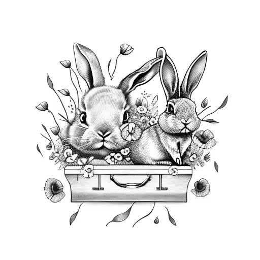 fragile bunny in a coffin frame with some poppies coming of of the frame tattoo design idea