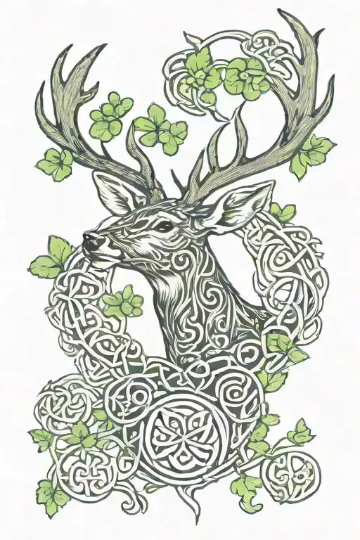 irish deer, celtic bird, shamrock  tattoo design idea