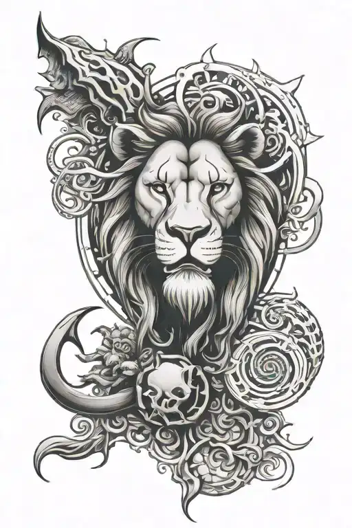 Lion head, bull skull, Centar, Crab, fish yin yang symbol tattoo design idea