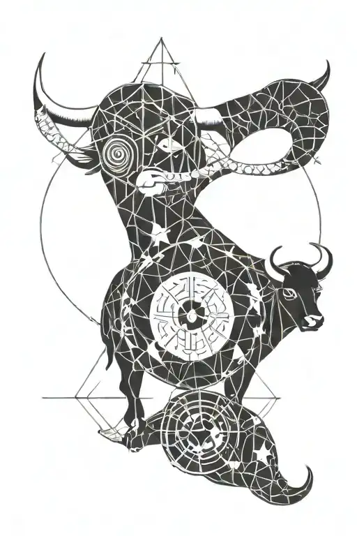 A geometric pattern incorporating the symbols of Taurus, Gemini, Cancer, Leo, Sagittarius, with a focus on astrology  tattoo design idea