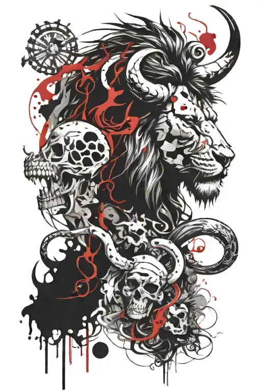 Lion head, Bull Skull, Centar, Crab, Fish yin yang tattoo design idea