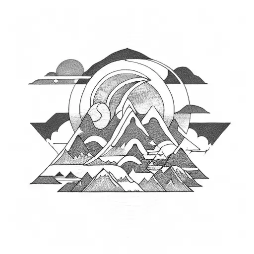 waves and mountain reciprocating with sun and moon in a diamond shaped tattoo tattoo design idea