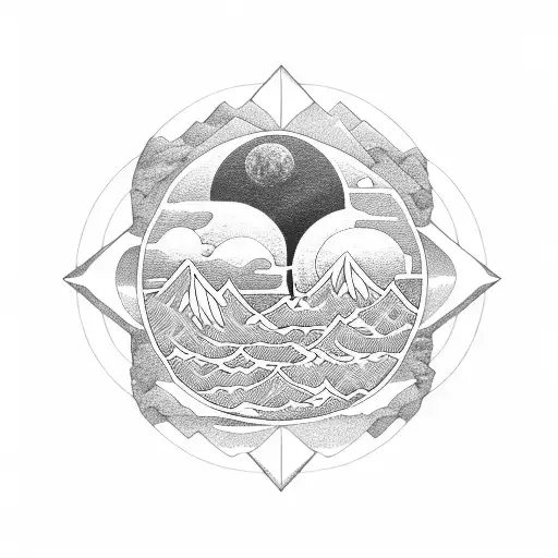 waves and mountain with sun and moon in a diamond shape tattoo design idea