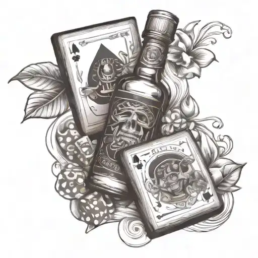 Black and Grey "Playing Cards, Dice And Rum Bottle" Tattoo Idea