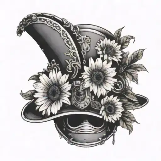 fireman's helmet with gerbera daisies around it  tattoo design idea