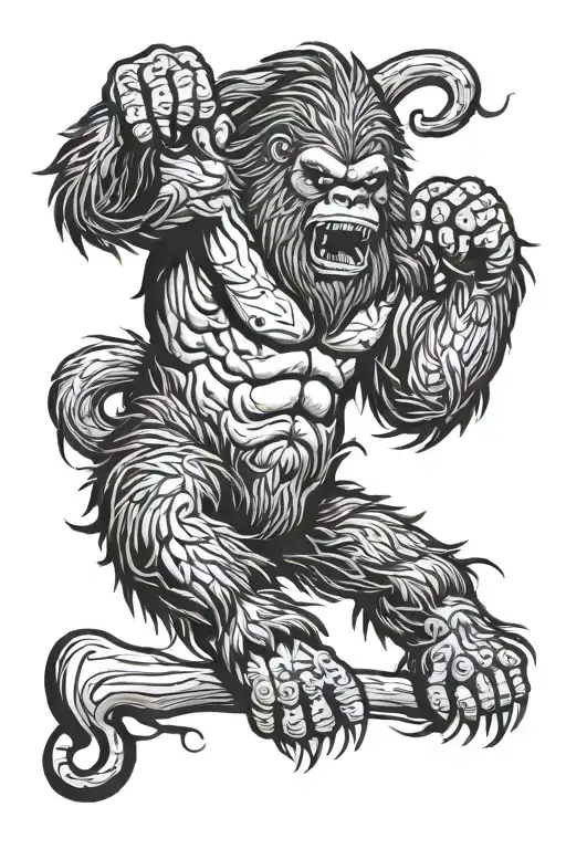 angry bigfoot holding severed leg tattoo design idea