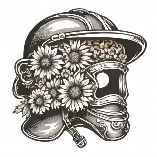 fireman's helmet with gerbera daisies around it  tattoo design idea