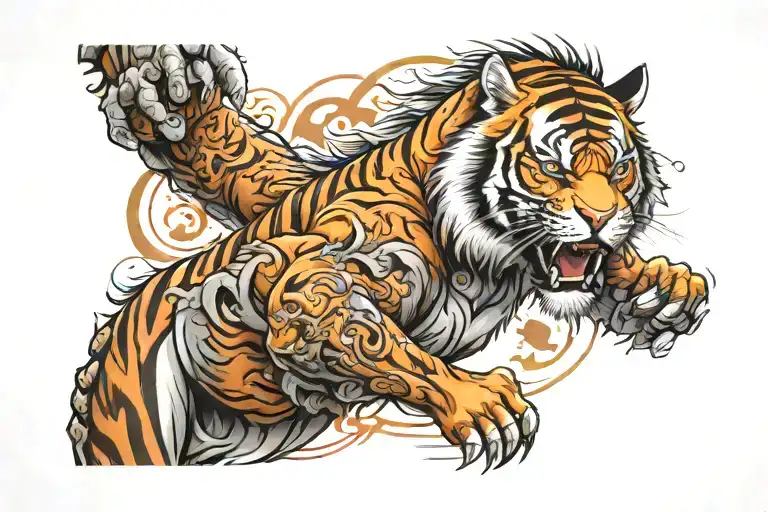 Full Arm sleeve tattoo, with warrior mentality and daily improvement and strength with tiger and Japanese style tattoo design idea