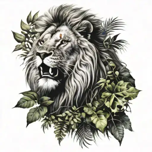 lion in jungle foliage tattoo design idea