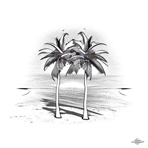 palm trees in shape of a heart with sunset on beach in the middle tattoo design idea