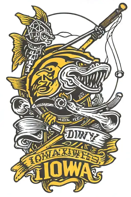 iowa hawkeyes logo with fishing poles and the name Curt on top tattoo design idea