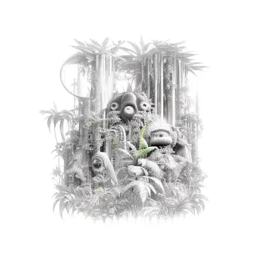 A mystical jungle setting with characters from Final Fantasy 7 hidden among the foliage tattoo design idea