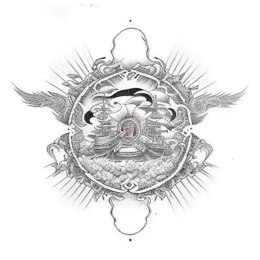 burning oriental ship tattoo design idea