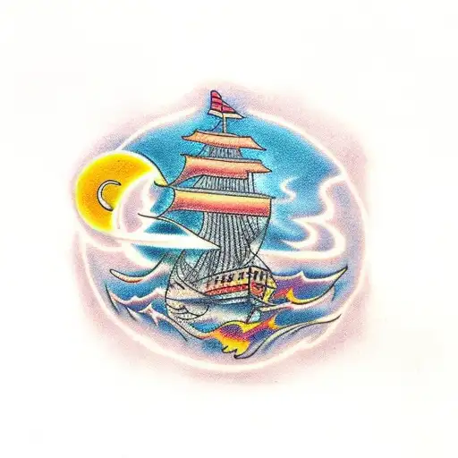 burning oriental ship tattoo design idea