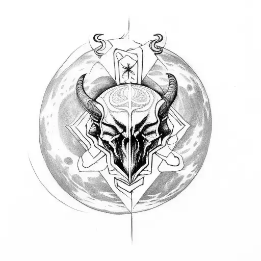 A sinister-looking moon with occult symbols and an intricate goat skull tattoo design idea